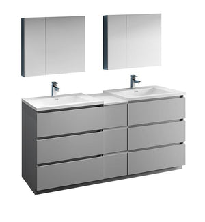 Fresca Lazzaro 72" Gray Double Sink Bath Bowl Vanity Set w/ Cabinet & Faucet FVN93-301230GR-D-FFT1030BN