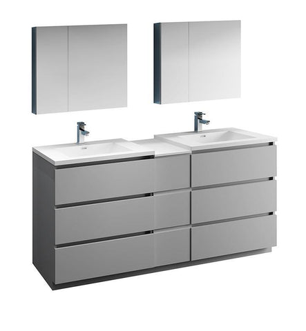 Image of Fresca Lazzaro 72" Gray Double Sink Bath Bowl Vanity Set w/ Cabinet & Faucet FVN93-301230GR-D-FFT1030BN