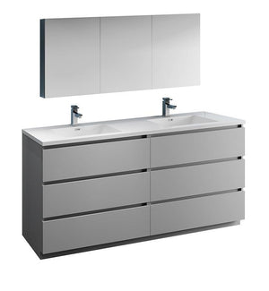 Fresca Lazzaro 72" Gray Double Sink Bath Bowl Vanity Set w/ Cabinet & Faucet FVN93-3636GR-D-FFT1030BN