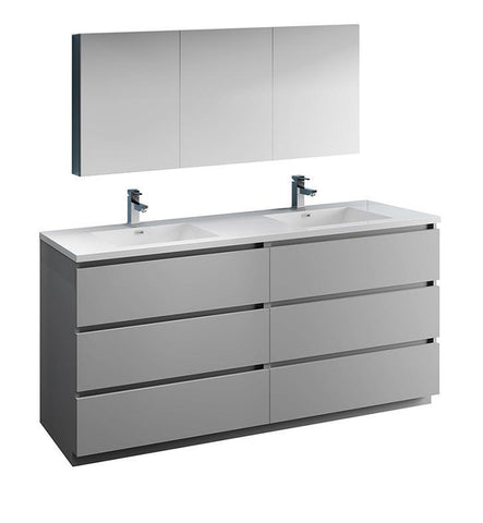 Image of Fresca Lazzaro 72" Gray Double Sink Bath Bowl Vanity Set w/ Cabinet & Faucet FVN93-3636GR-D-FFT1030BN