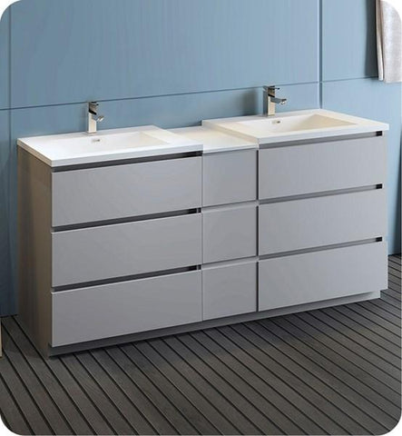 Image of Fresca Lazzaro 72" Gray Free Standing Double Sink Modern Bathroom Cabinet w/ Integrated Sinks | FCB93-301230GR-D-I