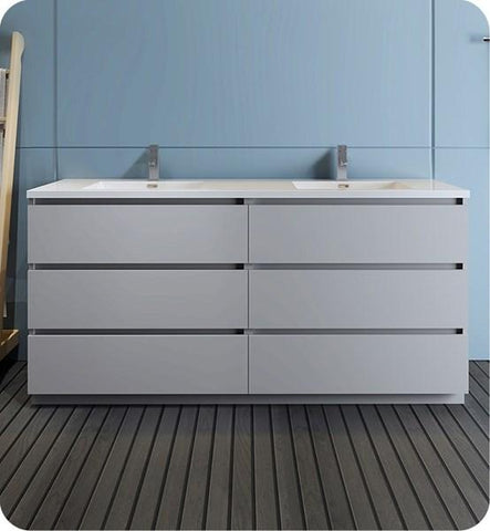 Image of Fresca Lazzaro 72" Gray Free Standing Modern Bathroom Cabinet w/ Integrated Double Sink | FCB93-3636GR-D-I