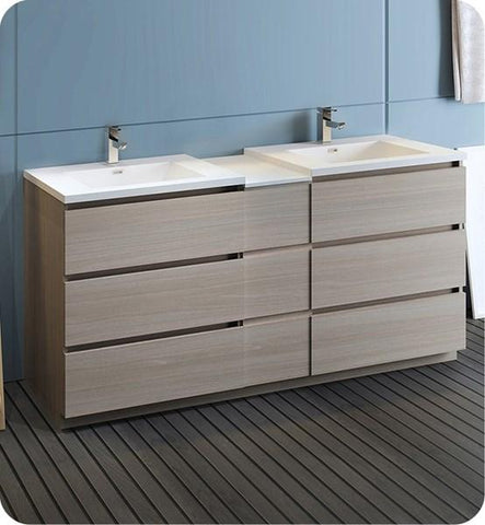 Image of Fresca Lazzaro 72" Gray Wood Free Standing Double Sink Modern Bathroom Cabinet w/ Integrated Sinks | FCB93-301230MGO-D-I