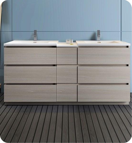 Fresca Lazzaro 72" Gray Wood Free Standing Double Sink Modern Bathroom Cabinet w/ Integrated Sinks | FCB93-301230MGO-D-I