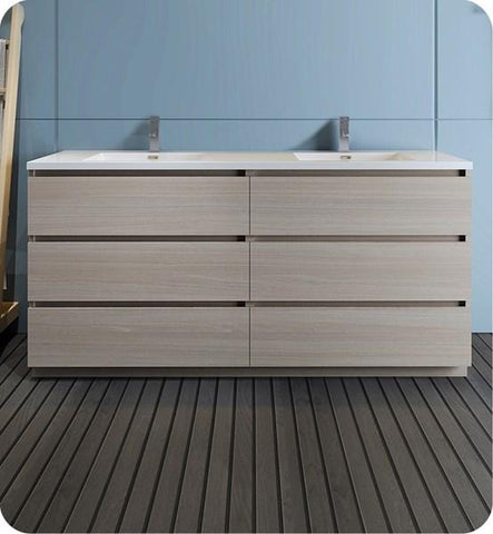 Image of Fresca Lazzaro 72" Gray Wood Free Standing Modern Bathroom Cabinet w/ Integrated Double Sink | FCB93-3636MGO-D-I