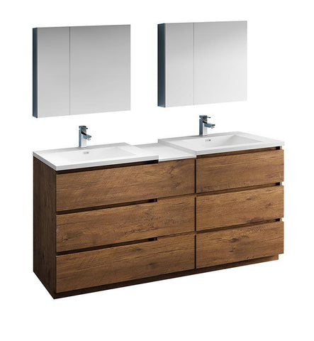 Image of Fresca Lazzaro 72" Rosewood Double Sink Bath Bowl Vanity Set w/ Cabinet/Faucet FVN93-301230RW-D-FFT1030BN