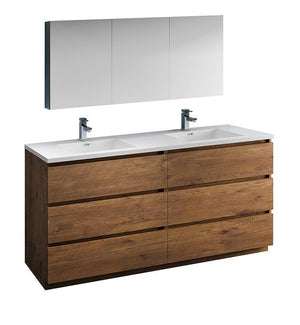 Fresca Lazzaro 72" Rosewood Double Sink Bath Bowl Vanity Set w/ Cabinet/Faucet FVN93-3636RW-D-FFT1030BN