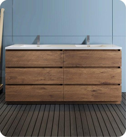 Image of Fresca Lazzaro 72" Rosewood Free Standing Modern Bathroom Cabinet w/ Integrated Double Sink | FCB93-3636RW-D-I
