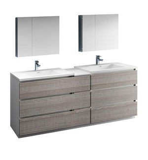 Fresca Lazzaro 84" Ash Gray Double Sink Bath Bowl Vanity Set w/ Cabinet/Faucet FVN93-361236HA-D-FFT1030BN