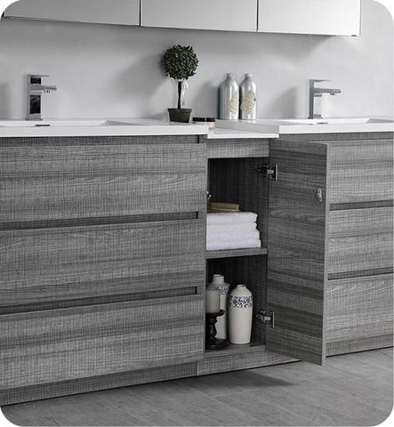 Image of Fresca Lazzaro 84" Glossy Ash Gray Free Standing Double Sink Modern Bathroom Cabinet w/ Integrated Sinks | FCB93-361236HA-D-I
