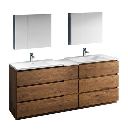 Image of Fresca Lazzaro 84" Rosewood Double Sink Bath Bowl Vanity Set w/ Cabinet/Faucet FVN93-361236RW-D-FFT1030BN