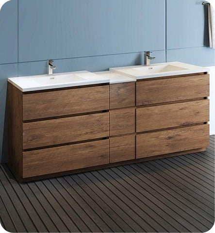 Image of Fresca Lazzaro 84" Rosewood Free Standing Double Sink Modern Bathroom Cabinet w/ Integrated Sinks | FCB93-361236RW-D-I