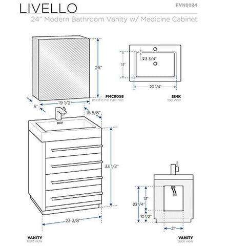 Image of Fresca Livello 24" Black Modern Bathroom Vanity w/ Medicine Cabinet | FVN8024BW FVN8024BW