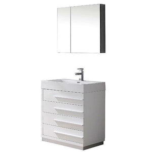 Fresca Livello 30" White Modern Single Bathroom Vanity w/ Medicine Cabinet FVN8030 FVN8030WH-FFT1030BN