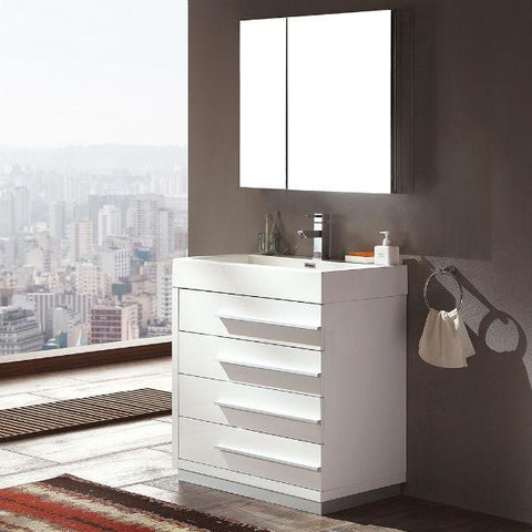 Image of Fresca Livello 30" White Modern Single Bathroom Vanity w/ Medicine Cabinet FVN8030 FVN8030WH-FFT1030BN