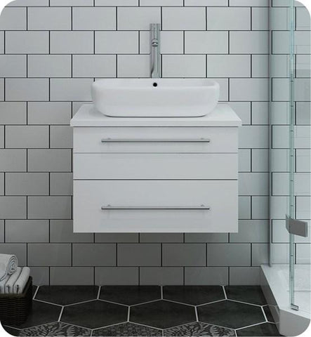 Image of Fresca Lucera 24" White Wall Hung Modern Bathroom Cabinet w/ Top & Vessel Sink | FCB6124WH-VSL-CWH-V