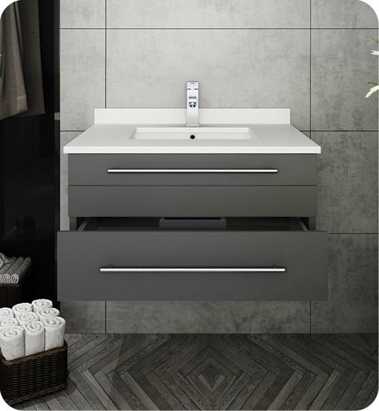 Fresca Lucera 30" Gray Wall Hung Modern Bathroom Cabinet w/ Top & Undermount Sink | FCB6130GR-UNS-CWH-U FCB6130GR-UNS-CWH-U