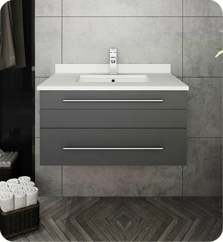 Image of Fresca Lucera 30" Gray Wall Hung Modern Bathroom Cabinet w/ Top & Undermount Sink | FCB6130GR-UNS-CWH-U FCB6130GR-UNS-CWH-U