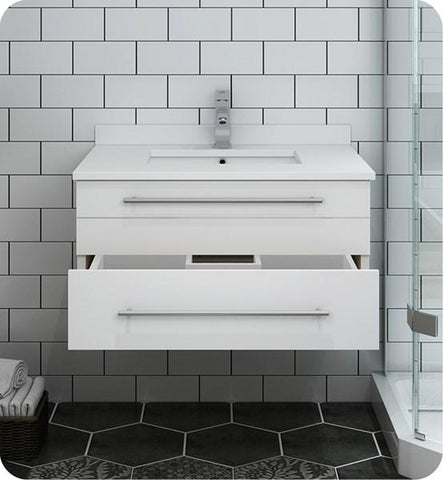 Image of Fresca Lucera 30" White Wall Hung Modern Bathroom Cabinet w/ Top & Undermount Sink | FCB6130WH-UNS-CWH-U FCB6130WH-UNS-CWH-U