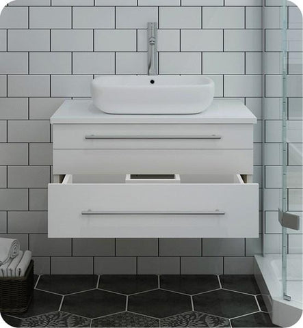 Image of Fresca Lucera 30" White Wall Hung Modern Bathroom Cabinet w/ Top & Vessel Sink | FCB6130WH-VSL-CWH-V