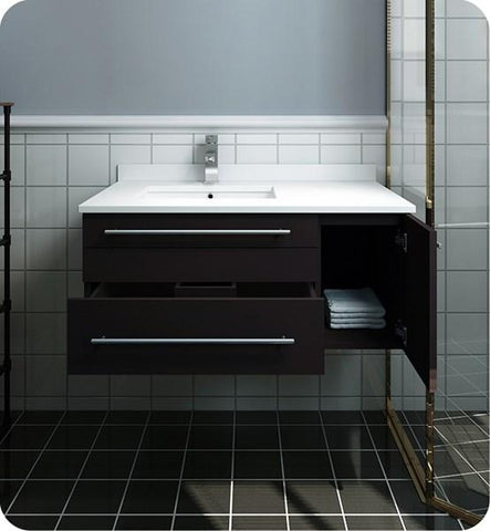 Image of Fresca Lucera 36" Espresso Wall Hung Modern Bathroom Cabinet w/ Top & Undermount Sink - Left Version | FCB6136ES-UNS-L-CWH-U FCB6136ES-UNS-L-CWH-U
