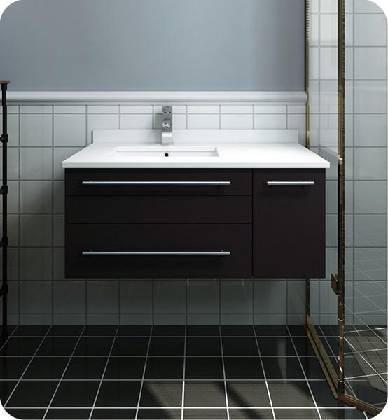 Fresca Lucera 36" Espresso Wall Hung Modern Bathroom Cabinet w/ Top & Undermount Sink - Left Version | FCB6136ES-UNS-L-CWH-U FCB6136ES-UNS-L-CWH-U