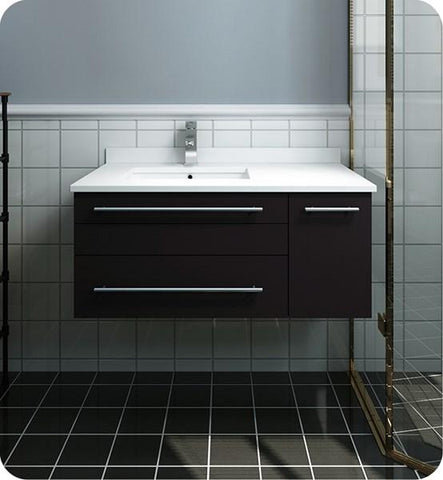 Image of Fresca Lucera 36" Espresso Wall Hung Modern Bathroom Cabinet w/ Top & Undermount Sink - Left Version | FCB6136ES-UNS-L-CWH-U FCB6136ES-UNS-L-CWH-U