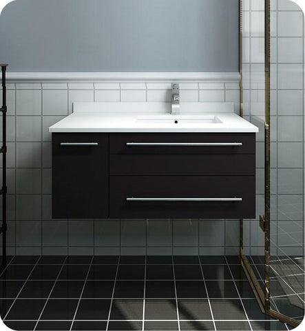 Image of Fresca Lucera 36" Espresso Wall Hung Modern Bathroom Cabinet w/ Top & Undermount Sink - Right Version | FCB6136ES-UNS-R-CWH-U FCB6136ES-UNS-R-CWH-U