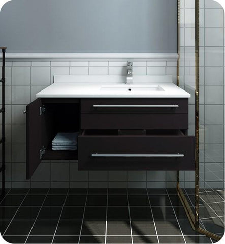 Image of Fresca Lucera 36" Espresso Wall Hung Modern Bathroom Cabinet w/ Top & Undermount Sink - Right Version | FCB6136ES-UNS-R-CWH-U FCB6136ES-UNS-R-CWH-U