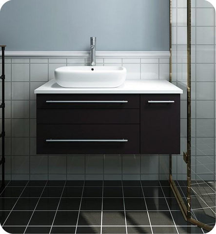 Image of Fresca Lucera 36" Espresso Wall Hung Modern Bathroom Cabinet w/ Top & Vessel Sink - Left Version | FCB6136ES-VSL-L-CWH-V