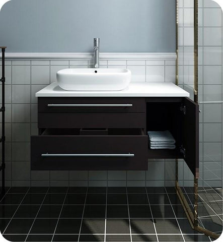 Image of Fresca Lucera 36" Espresso Wall Hung Modern Bathroom Cabinet w/ Top & Vessel Sink - Left Version | FCB6136ES-VSL-L-CWH-V