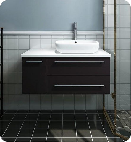 Image of Fresca Lucera 36" Espresso Wall Hung Modern Bathroom Cabinet w/ Top & Vessel Sink - Right Version | FCB6136ES-VSL-R-CWH-V