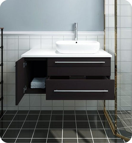 Image of Fresca Lucera 36" Espresso Wall Hung Modern Bathroom Cabinet w/ Top & Vessel Sink - Right Version | FCB6136ES-VSL-R-CWH-V