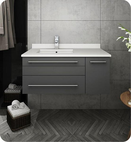 Image of Fresca Lucera 36" Gray Wall Hung Modern Bathroom Cabinet w/ Top & Undermount Sink - Left Version | FCB6136GR-UNS-L-CWH-U FCB6136GR-UNS-L-CWH-U
