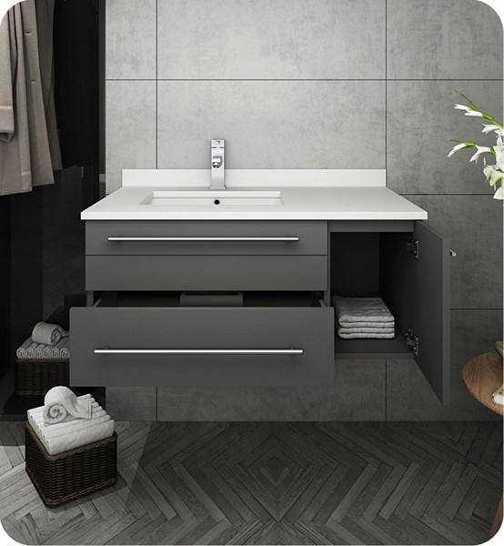 Fresca Lucera 36" Gray Wall Hung Modern Bathroom Cabinet w/ Top & Undermount Sink - Left Version | FCB6136GR-UNS-L-CWH-U FCB6136GR-UNS-L-CWH-U