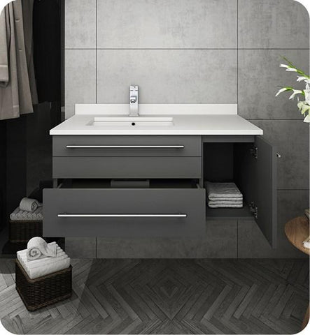 Image of Fresca Lucera 36" Gray Wall Hung Modern Bathroom Cabinet w/ Top & Undermount Sink - Left Version | FCB6136GR-UNS-L-CWH-U FCB6136GR-UNS-L-CWH-U