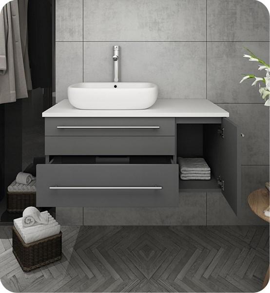 Fresca Lucera 36" Gray Wall Hung Modern Bathroom Cabinet w/ Top & Vessel Sink - Left Version | FCB6136GR-VSL-L-CWH-V
