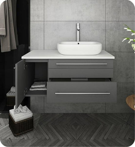 Image of Fresca Lucera 36" Gray Wall Hung Modern Bathroom Cabinet w/ Top & Vessel Sink - Right Version | FCB6136GR-VSL-R-CWH-V