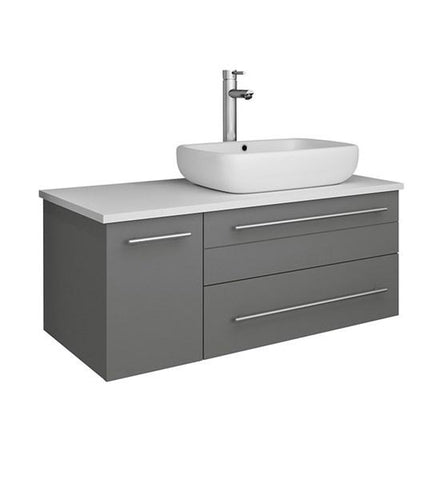 Image of Fresca Lucera 36" Gray Wall Hung Modern Bathroom Cabinet w/ Top & Vessel Sink - Right Version | FCB6136GR-VSL-R-CWH-V