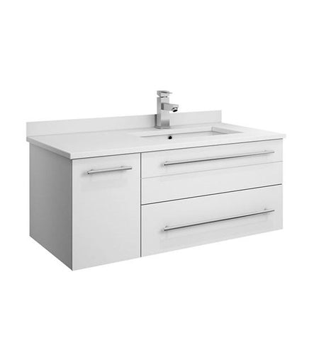 Image of Fresca Lucera 36" White Wall Hung Modern Bathroom Cabinet w/ Top & Undermount Sink - Right Version | FCB6136WH-UNS-R-CWH-U FCB6136WH-UNS-R-CWH-U
