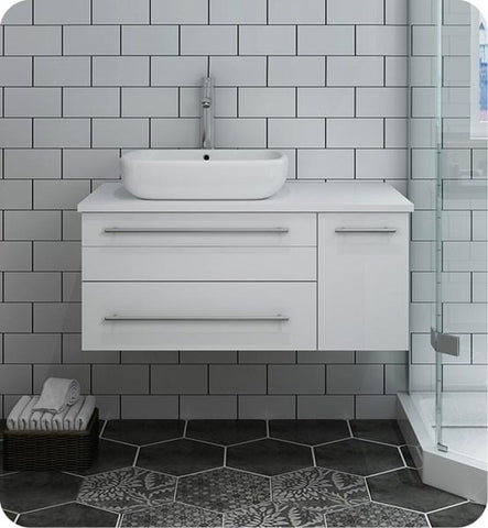 Image of Fresca Lucera 36" White Wall Hung Modern Bathroom Cabinet w/ Top & Vessel Sink - Left Version | FCB6136WH-VSL-L-CWH-V