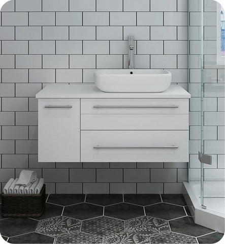 Image of Fresca Lucera 36" White Wall Hung Modern Bathroom Cabinet w/ Top & Vessel Sink - Right Version | FCB6136WH-VSL-R-CWH-V
