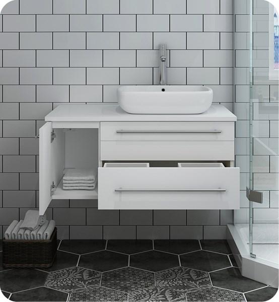 Fresca Lucera 36" White Wall Hung Modern Bathroom Cabinet w/ Top & Vessel Sink - Right Version | FCB6136WH-VSL-R-CWH-V