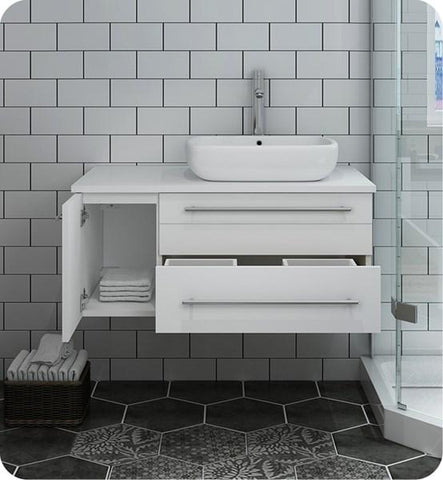 Image of Fresca Lucera 36" White Wall Hung Modern Bathroom Cabinet w/ Top & Vessel Sink - Right Version | FCB6136WH-VSL-R-CWH-V