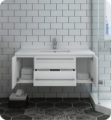 Image of Fresca Lucera 42" White Wall Hung Modern Bathroom Cabinet w/ Top & Undermount Sink | FCB6142WH-UNS-CWH-U FCB6142WH-UNS-CWH-U