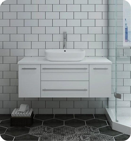 Image of Fresca Lucera 42" White Wall Hung Modern Bathroom Cabinet w/ Top & Vessel Sink | FCB6142WH-VSL-CWH-V
