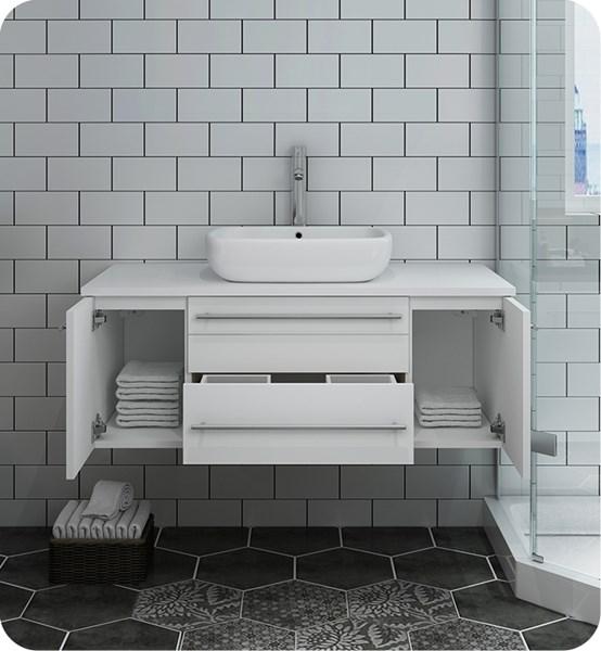 Fresca Lucera 42" White Wall Hung Modern Bathroom Cabinet w/ Top & Vessel Sink | FCB6142WH-VSL-CWH-V