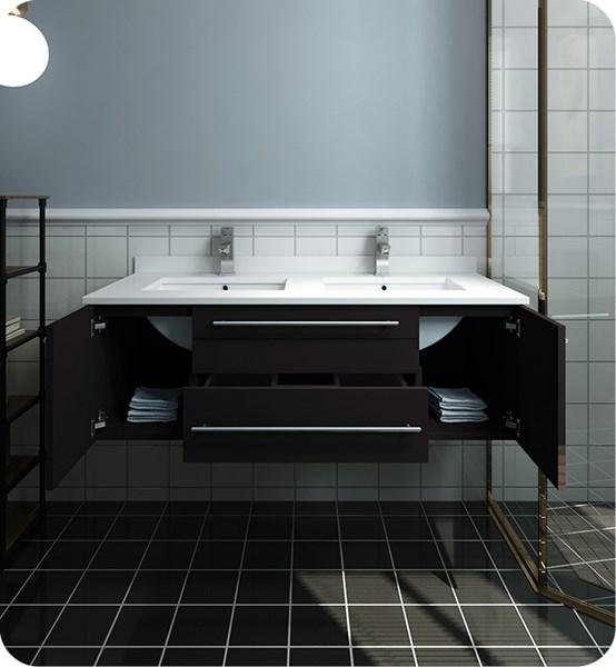 Fresca Lucera 48" Espresso Wall Hung Modern Bathroom Cabinet w/ Top & Double Undermount Sinks | FCB6148ES-UNS-D-CWH-U FCB6148ES-UNS-D-CWH-U