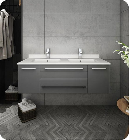 Image of Fresca Lucera 48" Gray Wall Hung Modern Bathroom Cabinet w/ Top & Double Undermount Sinks | FCB6148GR-UNS-D-CWH-U FCB6148GR-UNS-D-CWH-U
