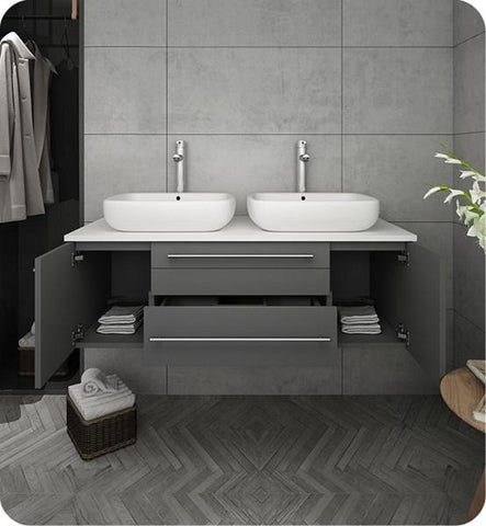 Image of Fresca Lucera 48" Gray Wall Hung Modern Bathroom Cabinet w/ Top & Double Vessel Sinks | FCB6148GR-VSL-D-CWH-V